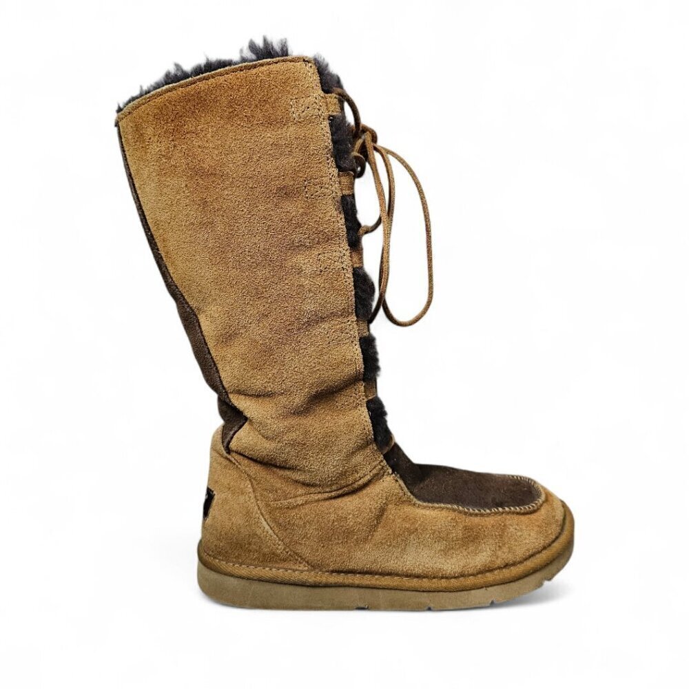 UGG Whitley Leather Suede Tall Lace Up Moccasin Sheepskin Brown Winter Boots